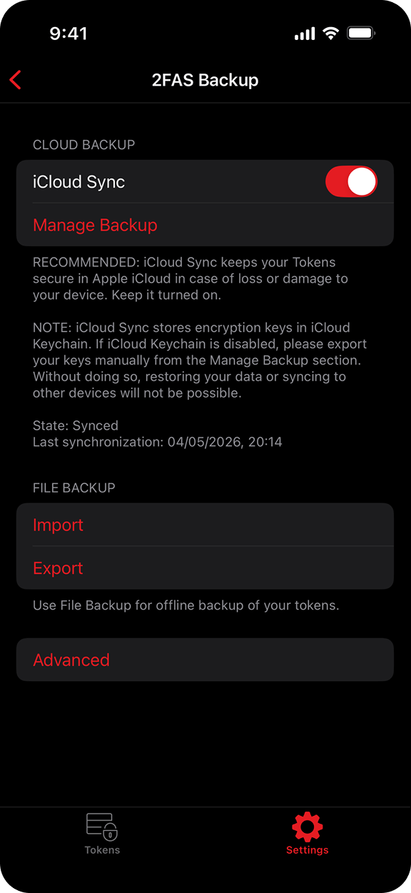 Cloud and manual backup.